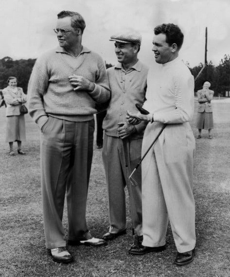 Skip Alexander, at left, stands with Ben Hogan (center) and Jackie Burke during the 1951 Ryder Cup at Pinehurst.