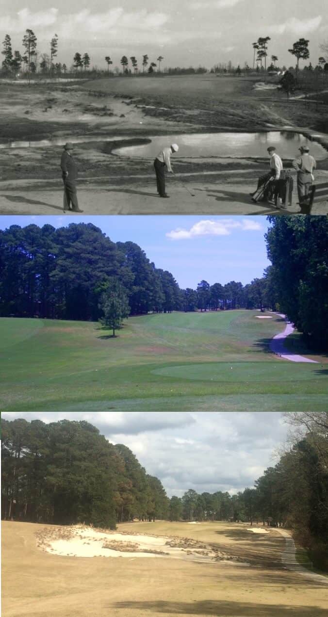 What is now the 2nd hole on Pinehurst No. 3 includes the return of an original bunker and sandscape feature that Donald Ross had originally designed for the hole. Here, the area is seen in its three iterations – past, recent present before the returned features on No. 3, and today.