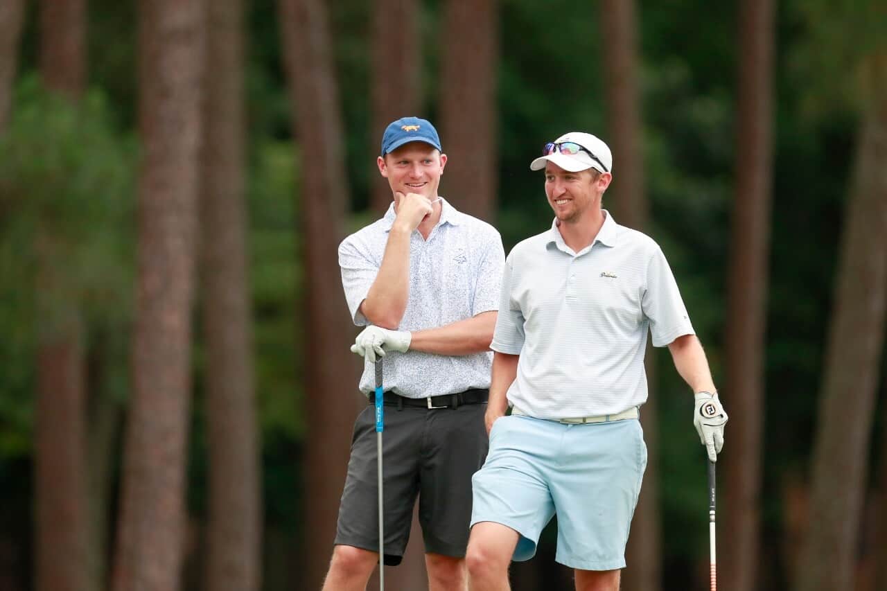 Clark Collier and Kyle Hudelson at the second tee during the semifinal round of match play at the 2017 U.S. Amateur Four-Ball at Pinehurst Resort & Country Club in Village of Pinehurst, N.C. on Wednesday, May 31, 2017. (Copyright USGA/Chris Keane)