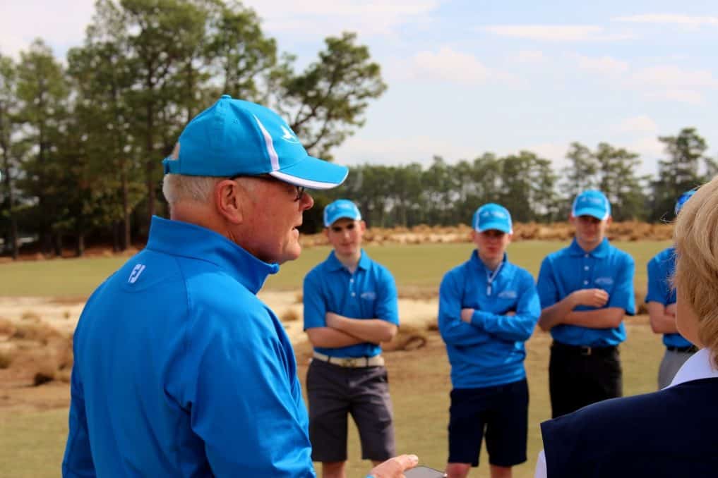 David Warren, the secretary of the East Lothian Junior Golf League, speaks to players before they play a match on Pinehurst No. 2.