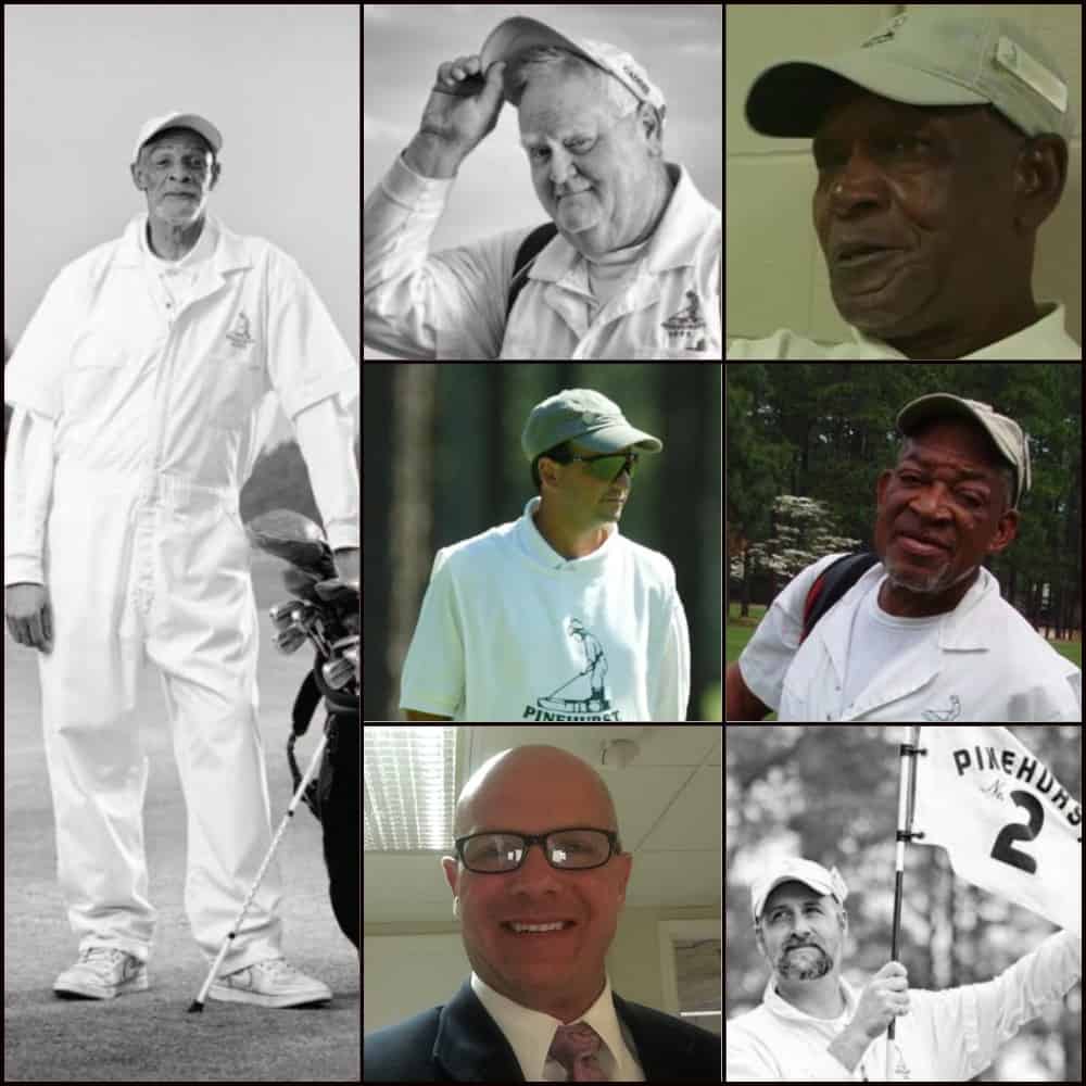 The 2nd class of the Pinehurst Caddie Hall of Fame: Jesse Jones (left), Charlie Spain (top center), John Ross (top right), Thomas Trinchitella (left center), Bobby Hill (right center), Jimmy Smith (left lower) and Bob Scheirer (bottom right). (Black and white portraits are by photographer Tim Sayer.)