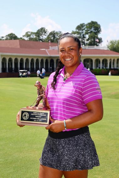 Aneka Seumanutafa poses with her Putter Boy trophy after winning the 2017 Girls North & South Junior Championship.