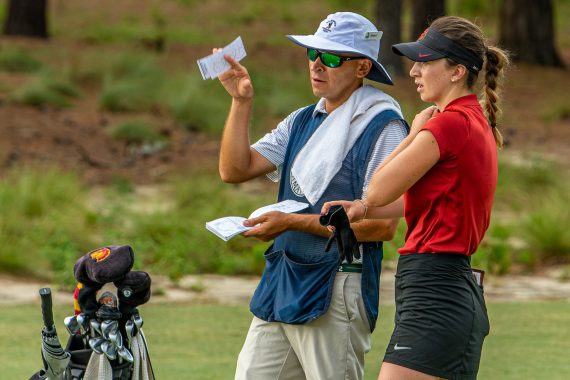 Gabi Ruffels confers with her caddie, Pinehurst local caddie Brant Hunt, during the championship match of the 117th Women’s North & South Amateur on Friday. (Photo by John Patota)
