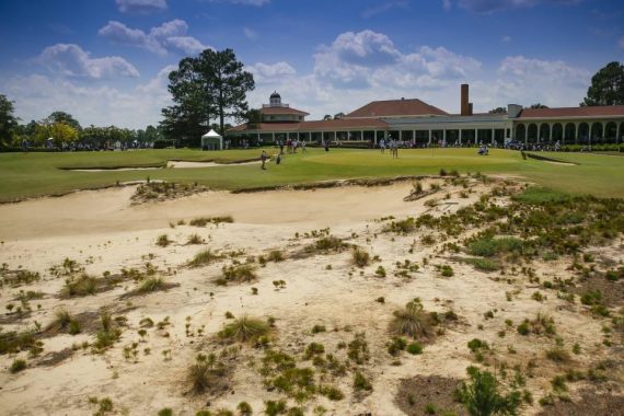 A scenic view of the 18th hole during the first round of stroke play at the 2019 U.S. Amateur at Pinehurst Resort & Country Club (Course No. 2) in Village of Pinehurst, N.C. on Monday, Aug. 12, 2019. (Copyright USGA/Michael Reaves)