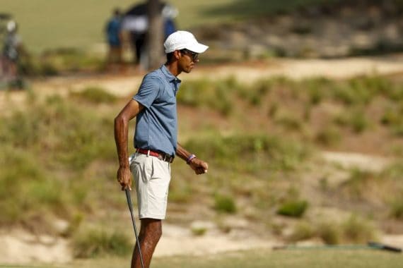 Akshay Bhatia fist pumps after winning his match on the 16th hole during the round of 64 at the 2019 U.S. Amateur at Pinehurst Resort & Country Club (Course No. 2) in Village of Pinehurst, N.C. on Wednesday, Aug. 14, 2019. (Copyright USGA/Chris Keane)