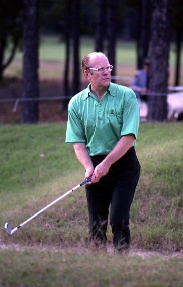 Gerald Ford played a round with golf greats Arnold Palmer, Jack Nicklaus, Gary Player in 1974. (Photo from Tufts Archives)