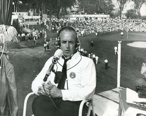 John Derr at home in his element – from a TV tower broadcasting golf for CBS.