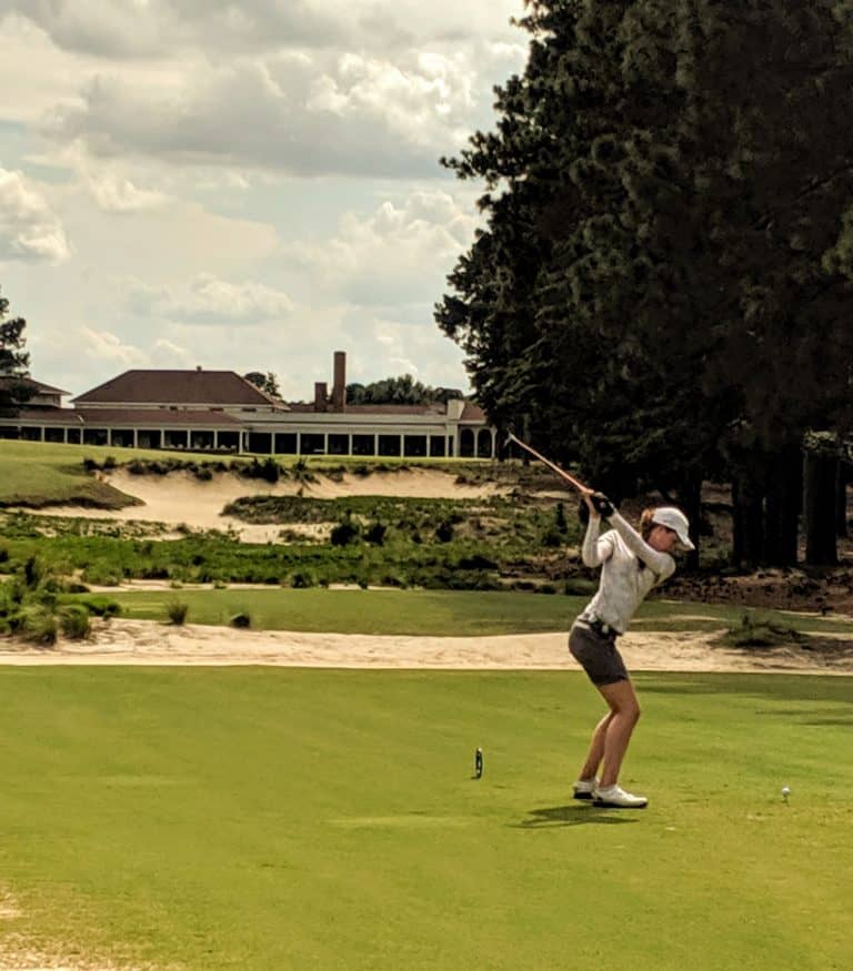 Wake Forest’s Emilia Migliaccio tees off on the 18th hole of Pinehurst No. 2 during the 2019 Women’s North & South Amateur.
