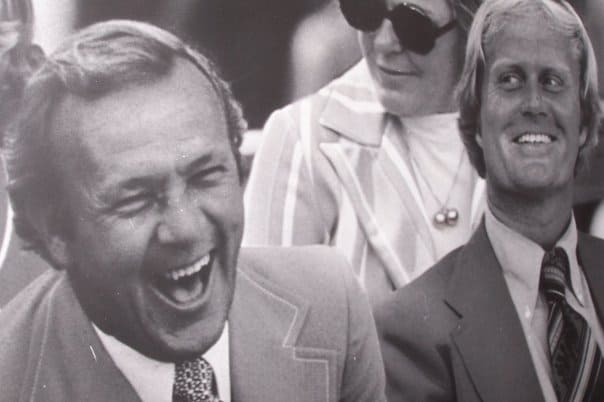 Arnold Palmer shares a laugh with Jack Nicklaus at the inaugural Hall of Fame ceremony in Pinehurst in 1974. (Photo Courtesy of the Tufts Archives)