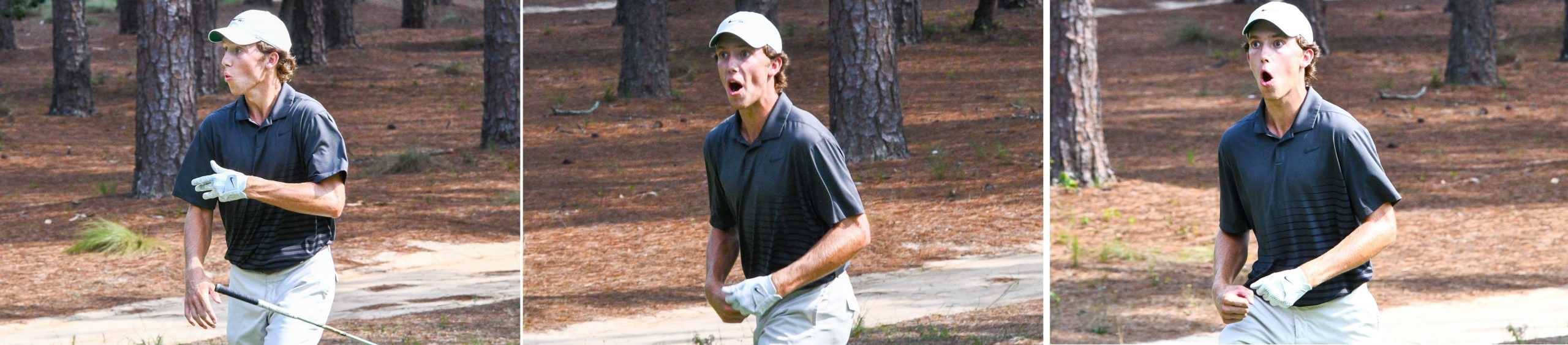 Jackson Van Paris runs through his stages of emotions after holing a chip to win his semifinal match of the 121st North & South Amateur Championship. Click to enlarge. (Photos by Melissa Schaub)