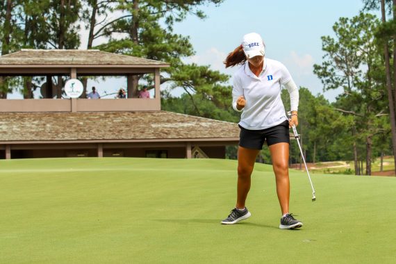 Gina Kim makes one of her trademark fist-pumps to celebrate her win on the 10th hole of Pinehurst No. 2 during the Women’s North & South Amateur. (Photo by Wendy Hodges)