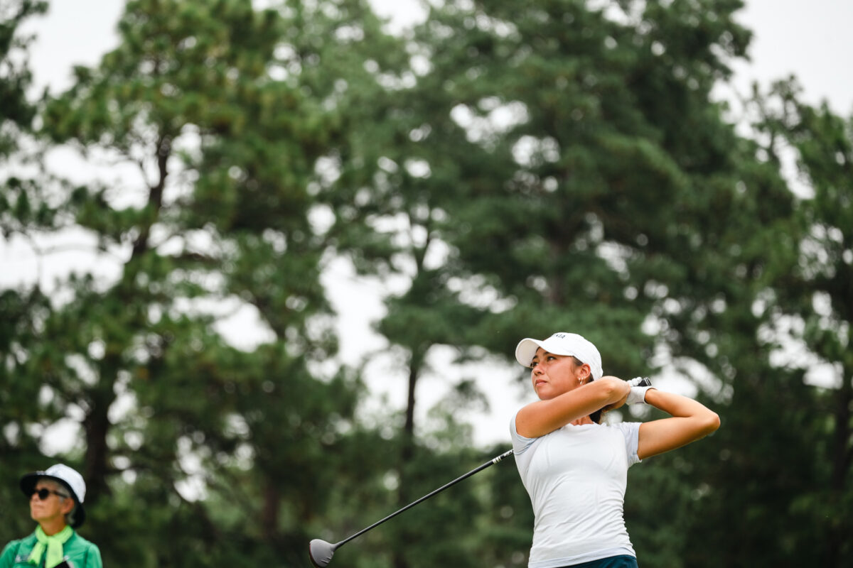 Amanda Sambach tees off on Thursday. (Photo by Matt Gibson)