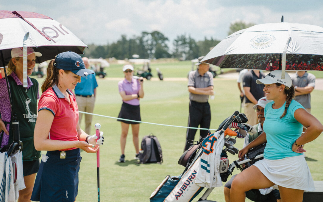 Emilia Migliaccio and Megan Schofill wait to tee off to start the final match of the Women’s North & South Amateur, (Photo by Matt Gibson)