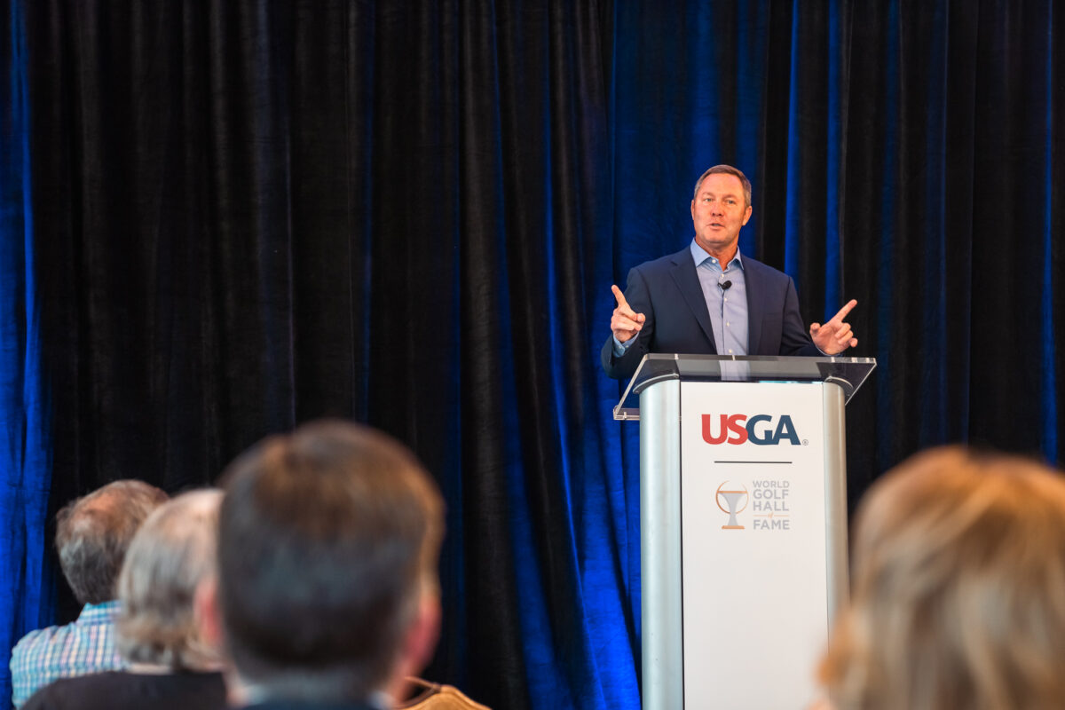Mike Whan, the CEO of the USGA, speaks during Wednesday’s announcement that the World Golf Hall of Fame would be moving to Golf House Pinehurst. (Photo by Matt Gibson)