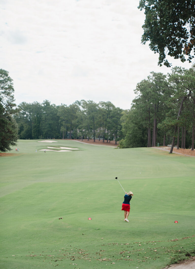 Patty Moore tees off on Pinehurst No. 5 on Wednesday en route to her eighth Pinehurst championship. (Photo by Matt Gibson)