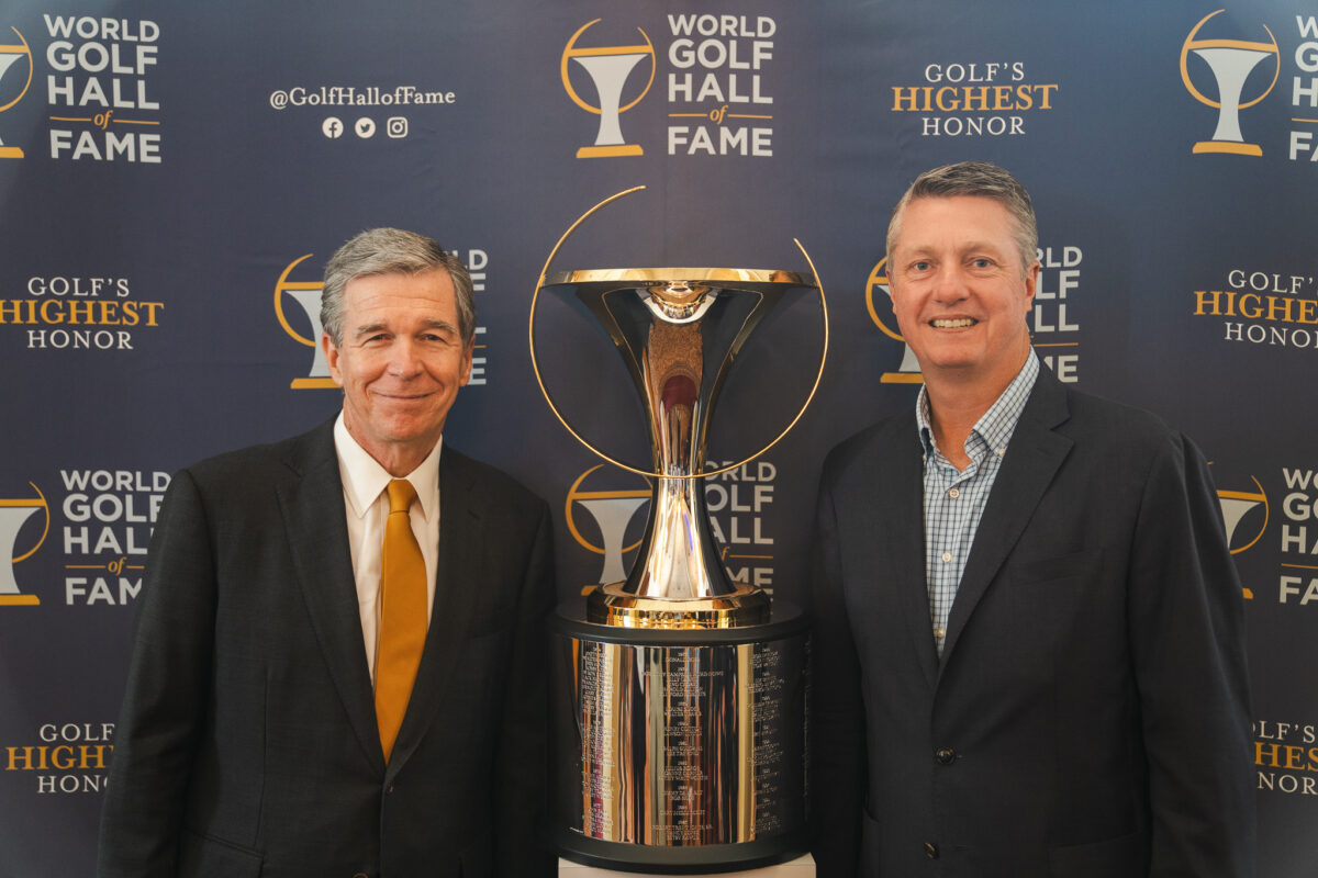 North Carolina Gov. Roy Cooper (left) stands with Pinehurst Resort President Tom Pashley at the Hall of Fame announcement on Wednesday. (Photo by Matt Gibson)