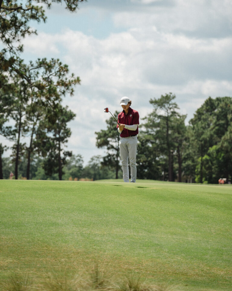 Luke Clanton sizes up a putt during the semifinals of the 122nd North & South Amateur on Pinehurst No. 2 on Saturday. (Photo by Matt Gibson)