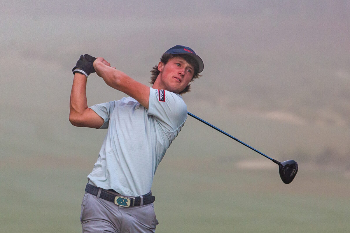 North Carolina’s David Ford hits a drive during Thursday’s play at the North & South Amateur. (Photo by Louis Simpson)