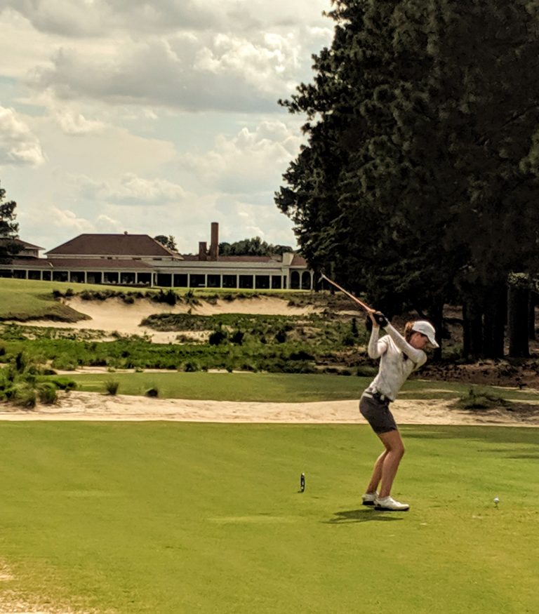 Emilia Migliaccio tees off on the 18th hole of Pinehurst No. 2 in the 2020 Women’s North & South Amateur.