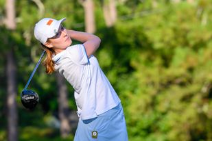 Emilia Migliaccio hits a shot during Tuesday’s first round of the 120th Women’s North & South Amateur on Pinehurst No. 2. (Photo by John Patota)