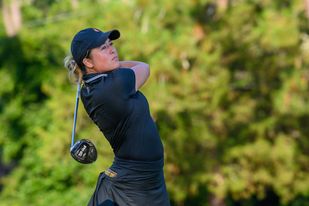 Malia Nam hits a drive during Tuesday’s play on Pinehurst No. 2. (Photo by John Patota)