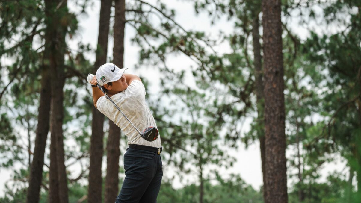 Stanford’s Karl Vilips tees off during the first round of the 122nd North & South Amateur in Pinehurst. (Photo by Matt Gibson)