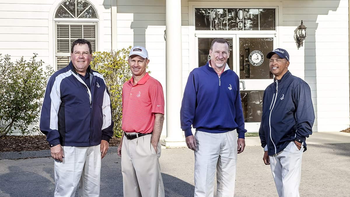 At the Pinehurst Golf Academy, students receive instruction from golf professionals who have called the range at Pinehurst home for several years: (from l-r) Eric Alpenfels, Kelly Mitchum, Geoff Lynch and Paul McRae.