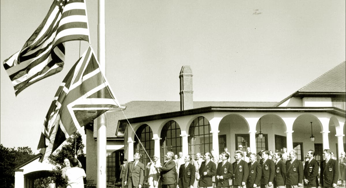 American and Great Britain & Ireland teams raise their flags at Pinehurst during the 1951 Ryder Cup